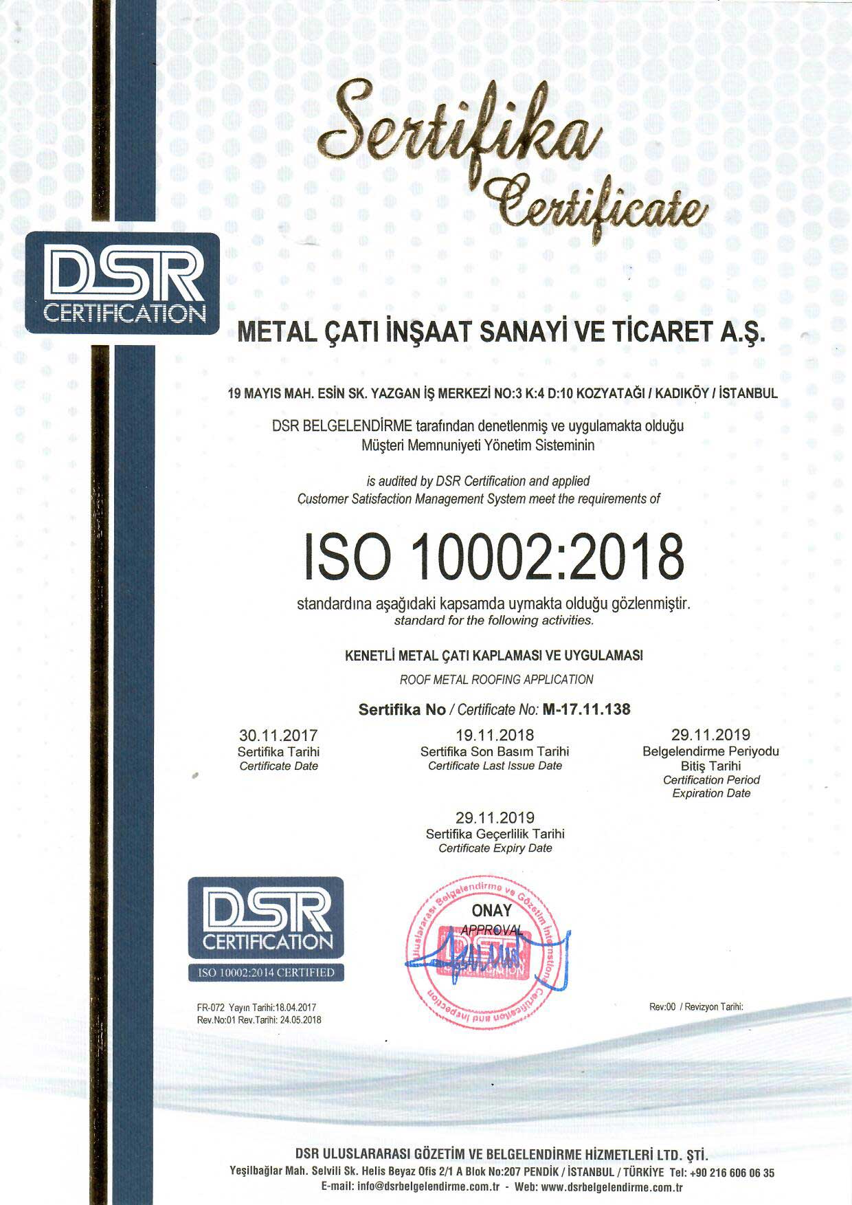 Metal Çatı - ISO 10002:2018